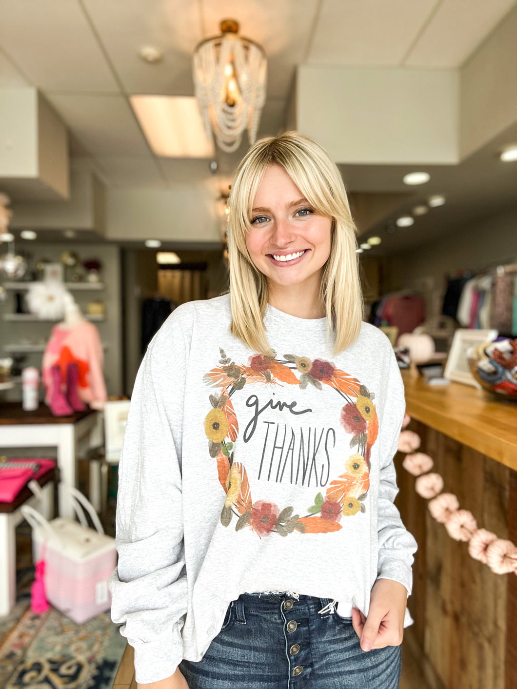 Give Thanks Wreath Graphic LS Tee